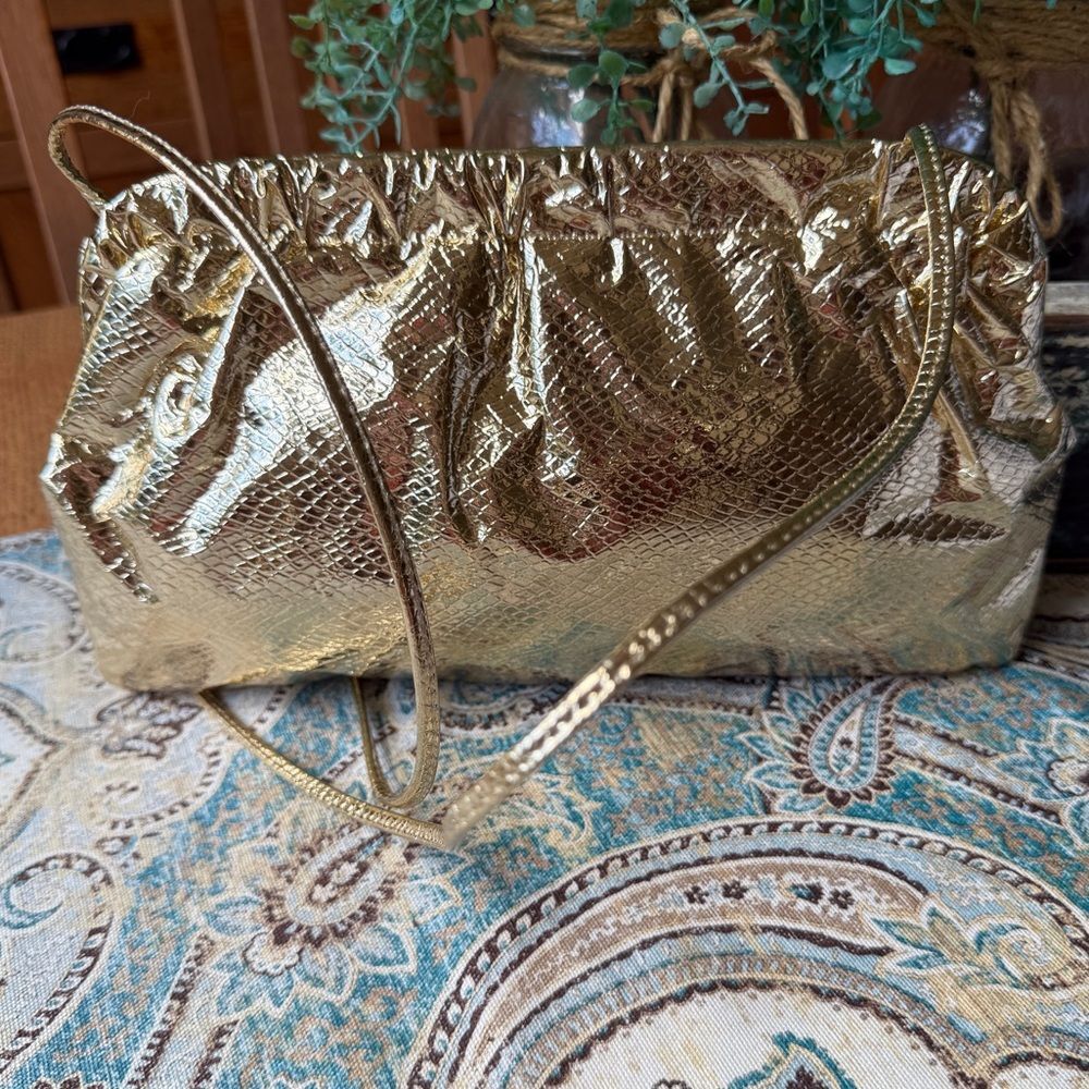 Vintage Gold Metallic Clutch Shoulder Bag Evening Purse